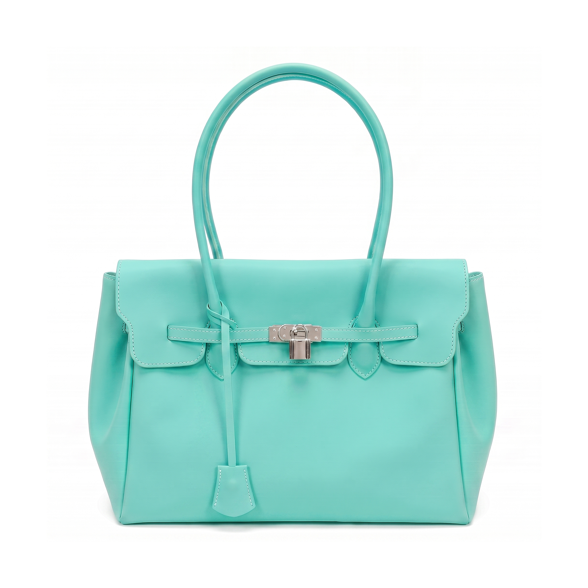 A structured turquoise leather handbag with a top handle, front flap, and silver-tone turn-lock closure, photographed on a clean white background.