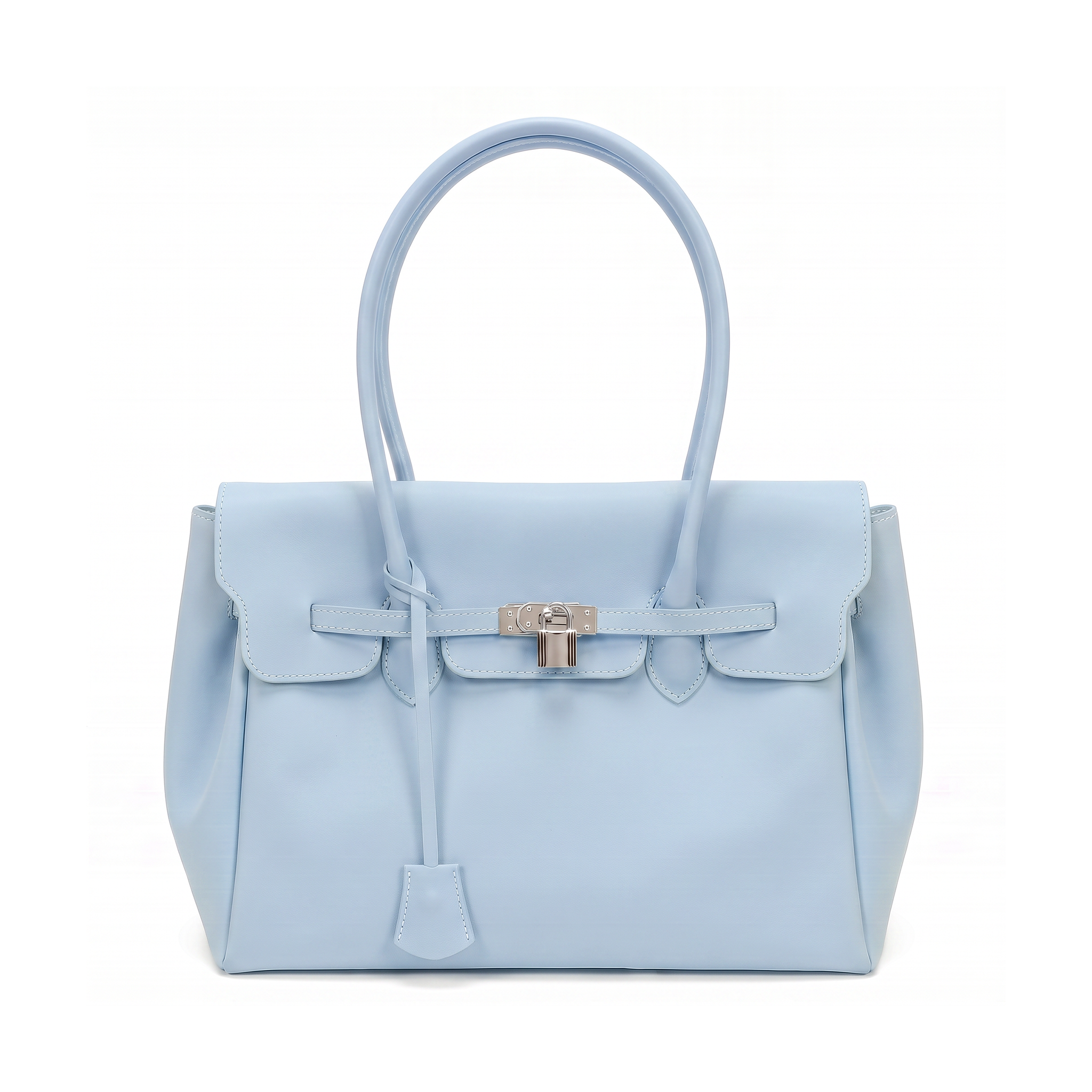 A light blue leather handbag with a structured rectangular shape, dual top handles, a front flap with a tie closure, and a silver turn-lock clasp, shown on a plain white background.