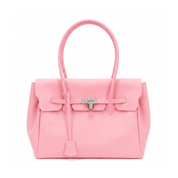A pink leather handbag with a structured rectangular shape, double top handles, a front flap with tie details, and silver-tone hardware, shown on a plain white background.