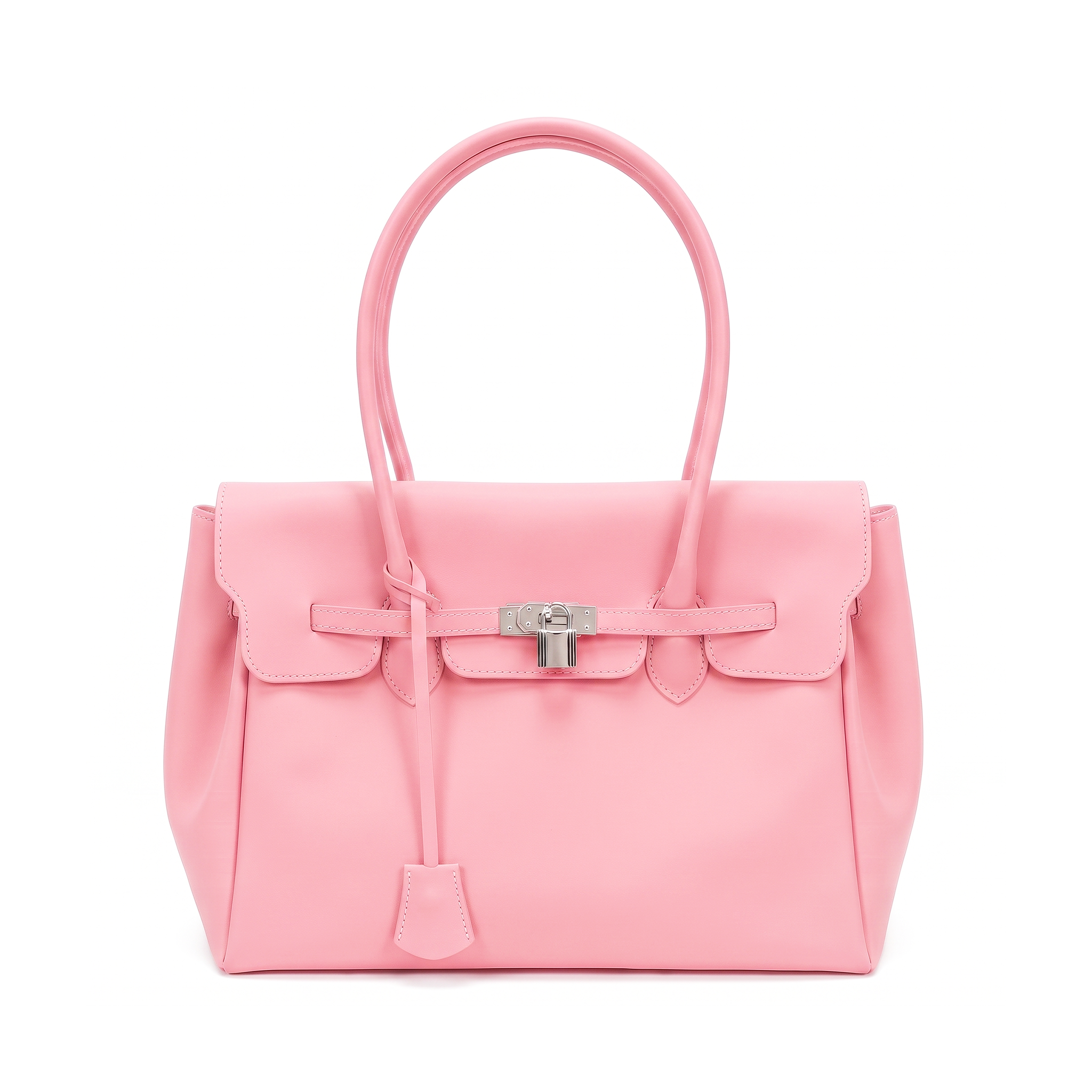 A pink leather handbag with a structured rectangular shape, double top handles, a front flap with tie details, and silver-tone hardware, shown on a plain white background.