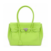 A bright lime green leather handbag with a structured rectangular shape, double top handles, a front flap with tie details, and silver-tone hardware, shown on a plain white background.