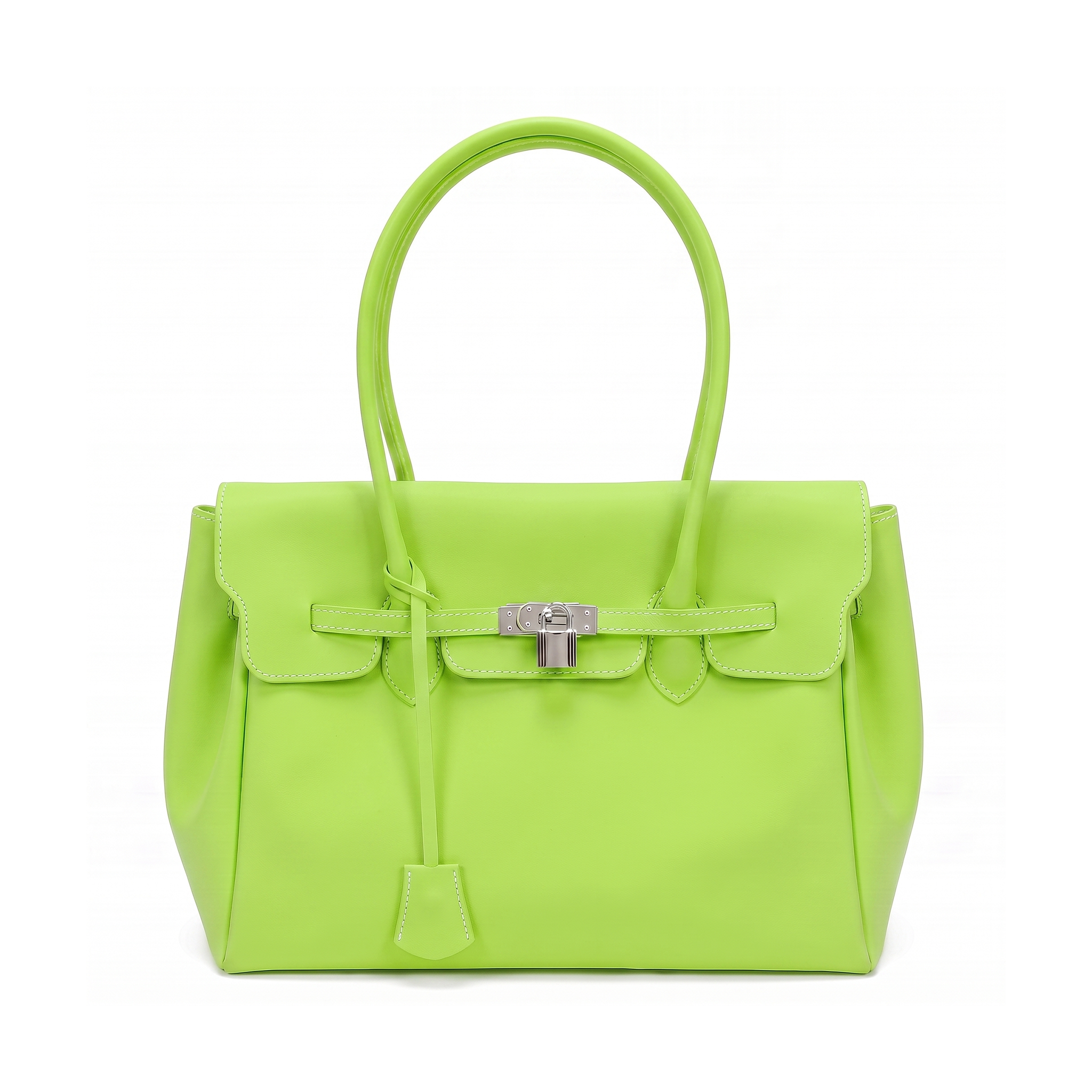 A bright lime green leather handbag with a structured rectangular shape, double top handles, a front flap with tie details, and silver-tone hardware, shown on a plain white background.