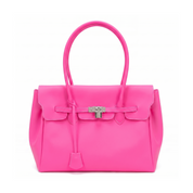 A bright pink leather handbag with silver-tone hardware, featuring a structured rectangular body, top handle, front strap detail, and a hanging clochette, photographed on a clean white background.