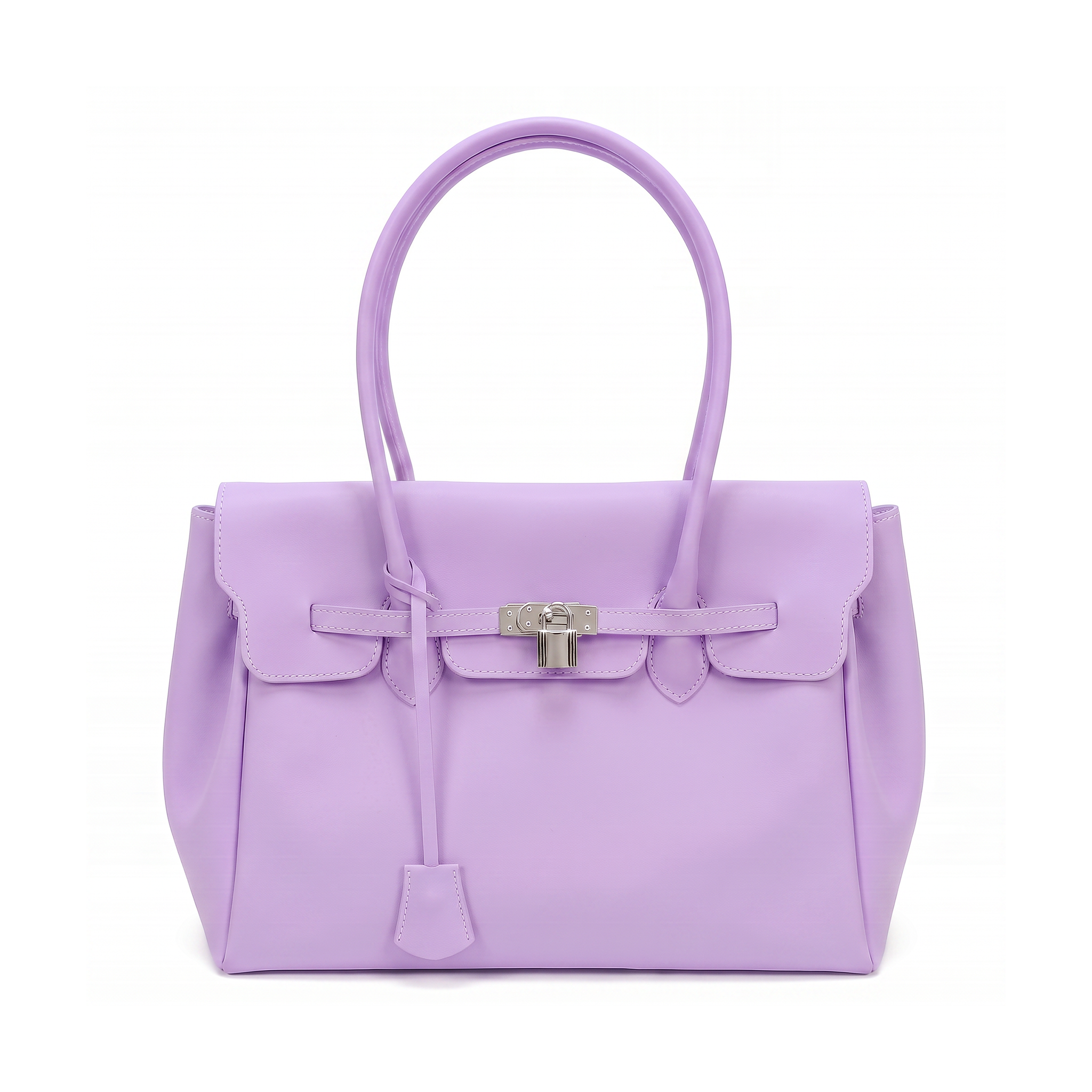 A lavender purple leather handbag with silver-tone hardware, featuring a structured rectangular body, dual top handles, a front flap with a bow detail, and a hanging clochette, photographed on a clean white background.