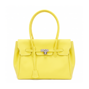 A bright yellow leather handbag with silver-tone hardware, featuring a structured rectangular body, top handle, front flap, and tie detail, photographed on a clean white background.