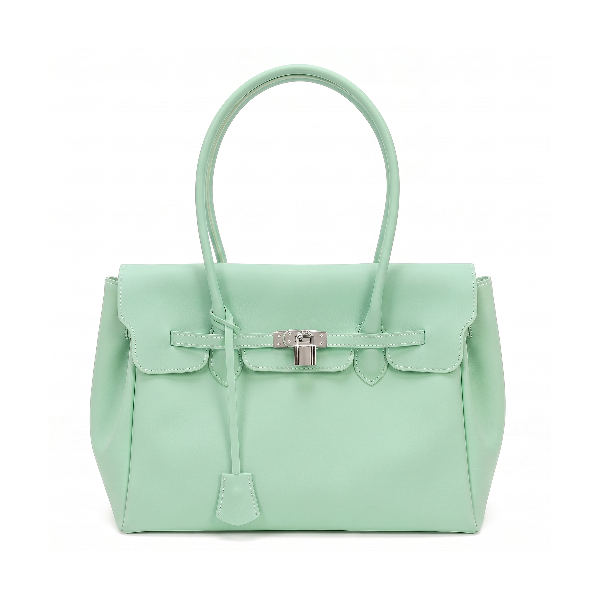 A mint green leather handbag with silver-tone hardware, featuring a structured rectangular body, top handle, front flap, and drawstring detail, photographed on a clean white background.